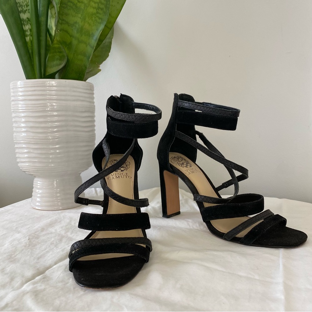 Vince Camuto Black Strappy Suede & Leather Heels
